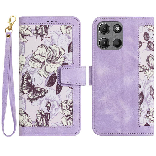Moto G 2025 Floral Pattern Leather Phone Case with Lanyard - Light Purple